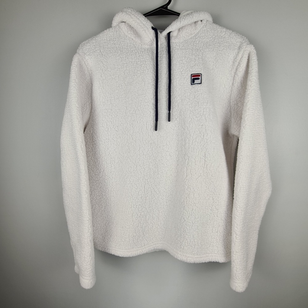 FILA Women's White Fuzzy Teddy Hoodie Pullover Sweatshirt Small Soft Casual Top